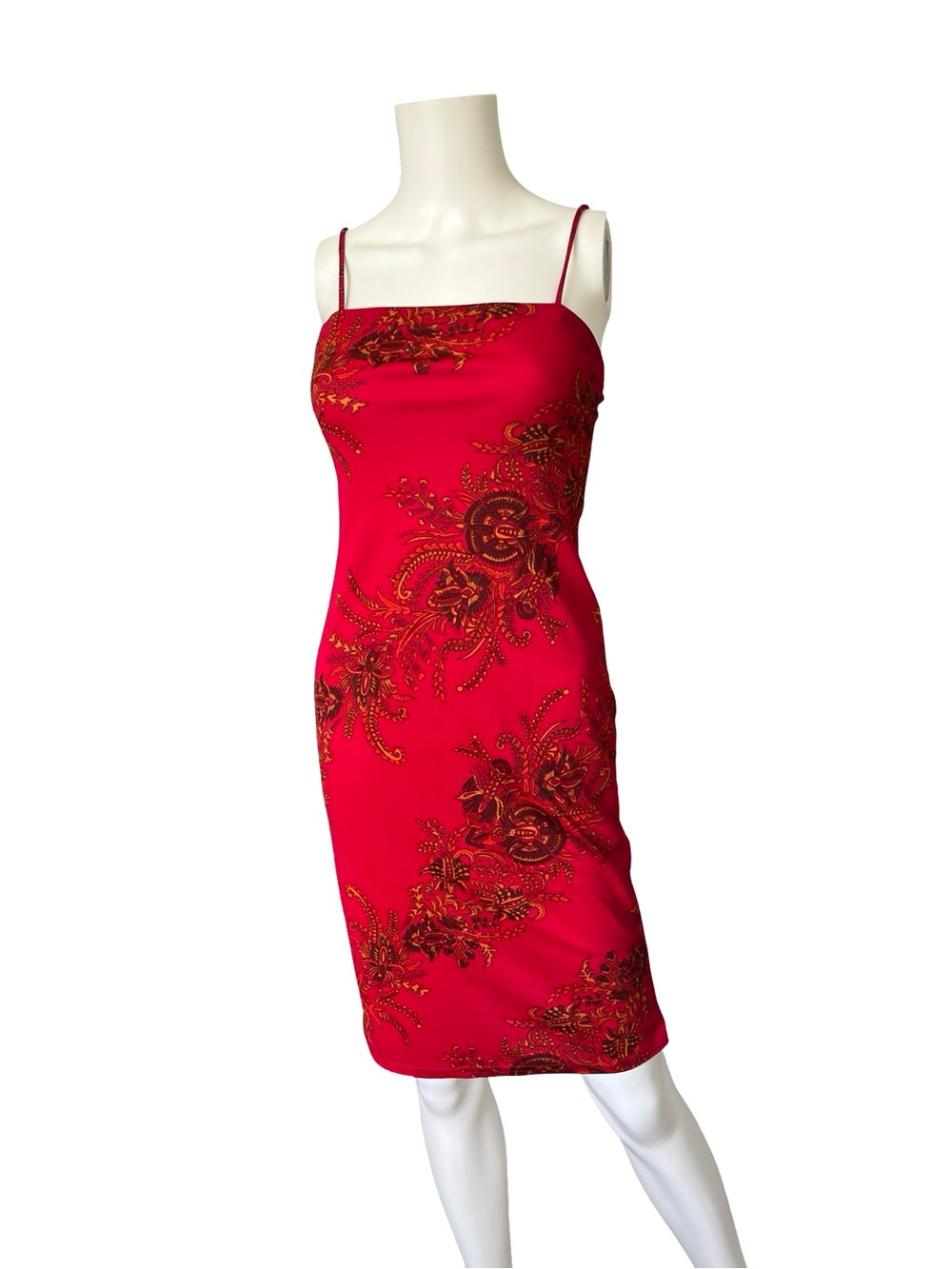 Vintage 90s Ecru Studio Red Dress Floral Spaghetti Straps Dainty
